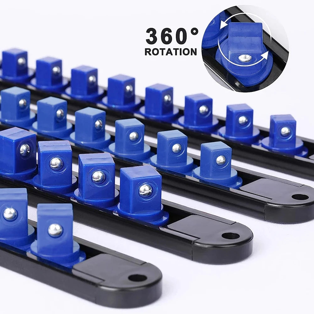 A black and blue socket organizer rail with adjustable clips shown in various angles for 360 rotation.