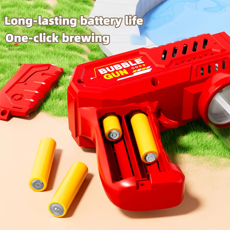 A red bubble gun is shown with yellow cartridges on a grassy outdoor surface.