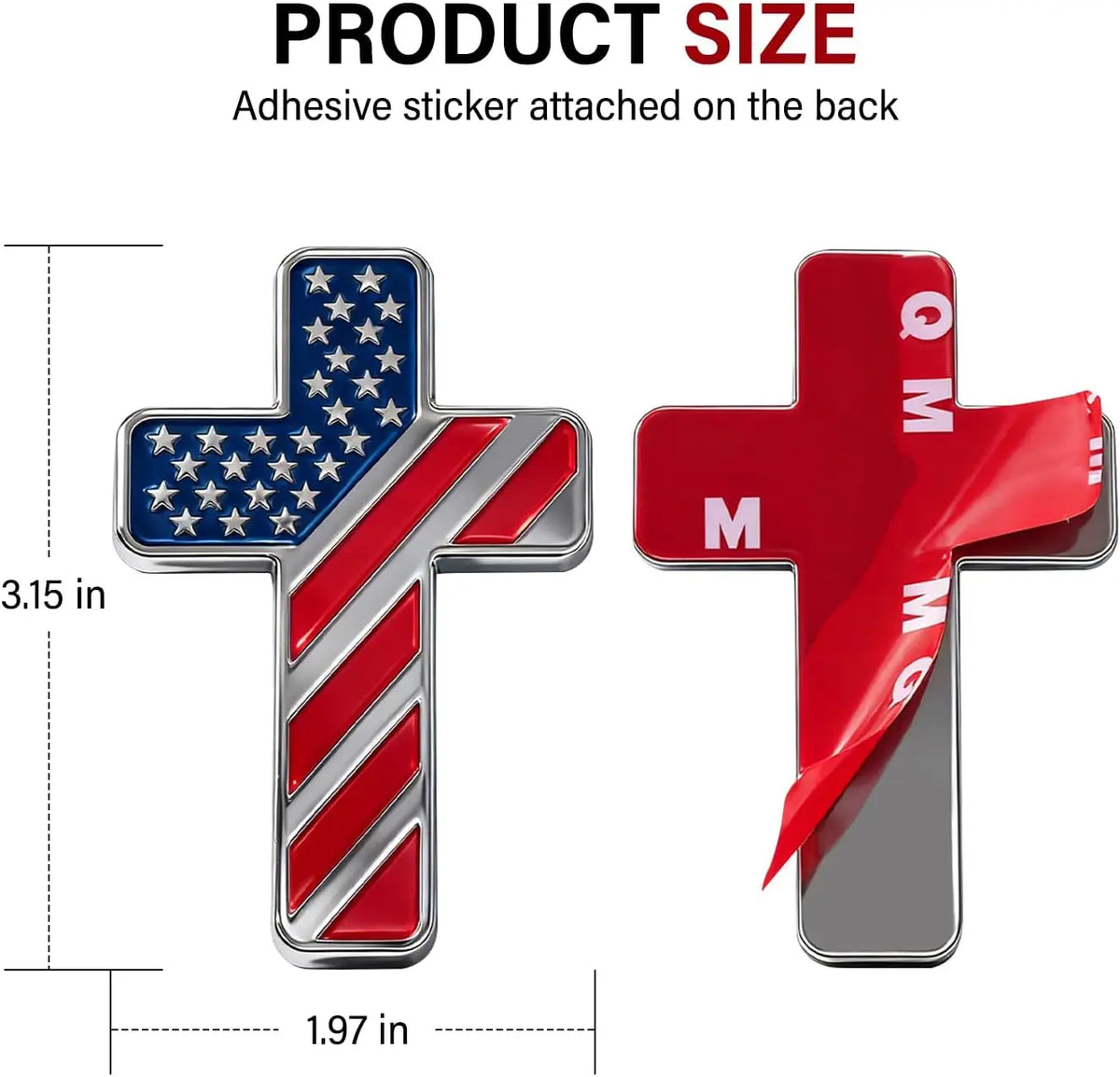 A silver and red cross emblem shaped like the USA flag, with a letter M on the red section.