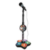 A portable karaoke microphone with a stand featuring colorful light effects.