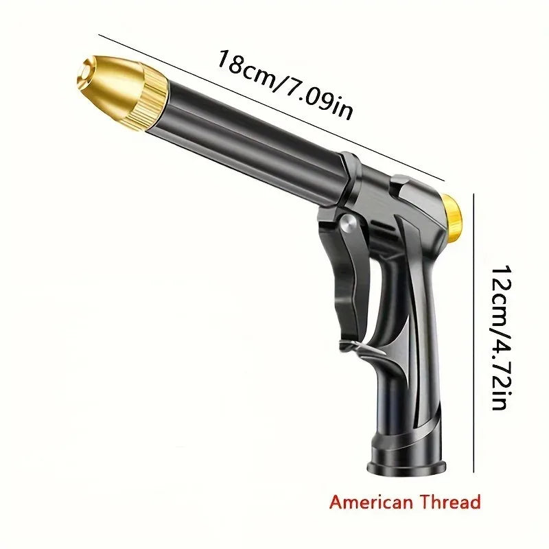 A black high-pressure car wash gun with a gold nozzle and American thread, shown in profile.