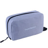 A light gray hanging toiletry bag with a black stripe and strap.