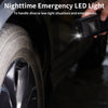 A hand holds a portable digital tire inflator with an LED light shining onto a car tire.