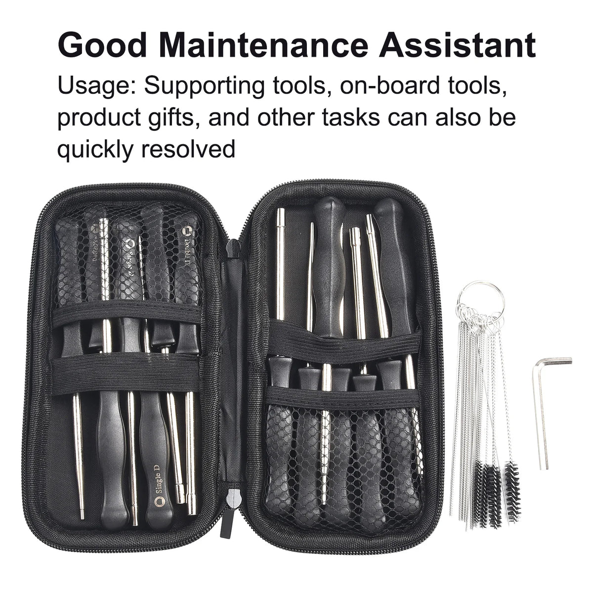 A black storage case containing a 14-piece carburetor adjustment tool kit with various tools and accessories.