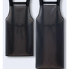 A black waterproof kitchen apron hanging on a hanger.