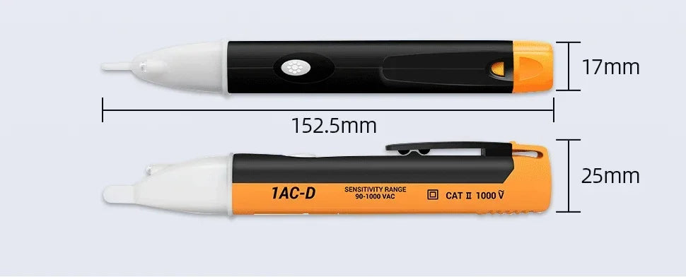 An orange and black non-contact AC voltage detector pen with an LCD display, shown in profile view.