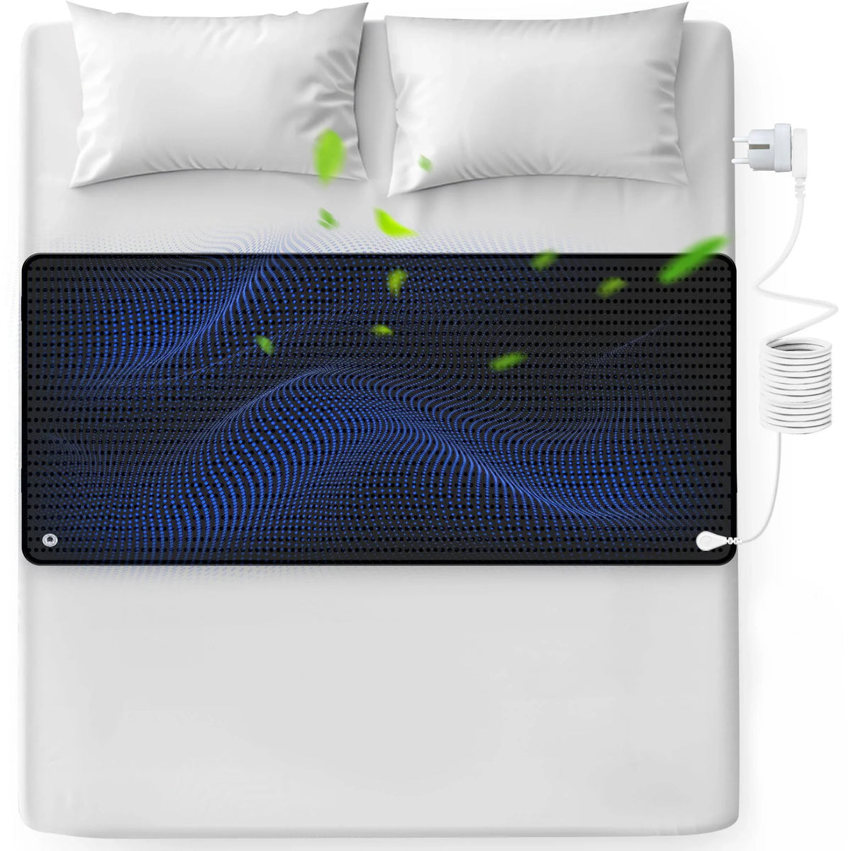 Un tapis de sol conducteur noir est posé sur un lit blanc, avec de petites particules vertes flottant au-dessus.
