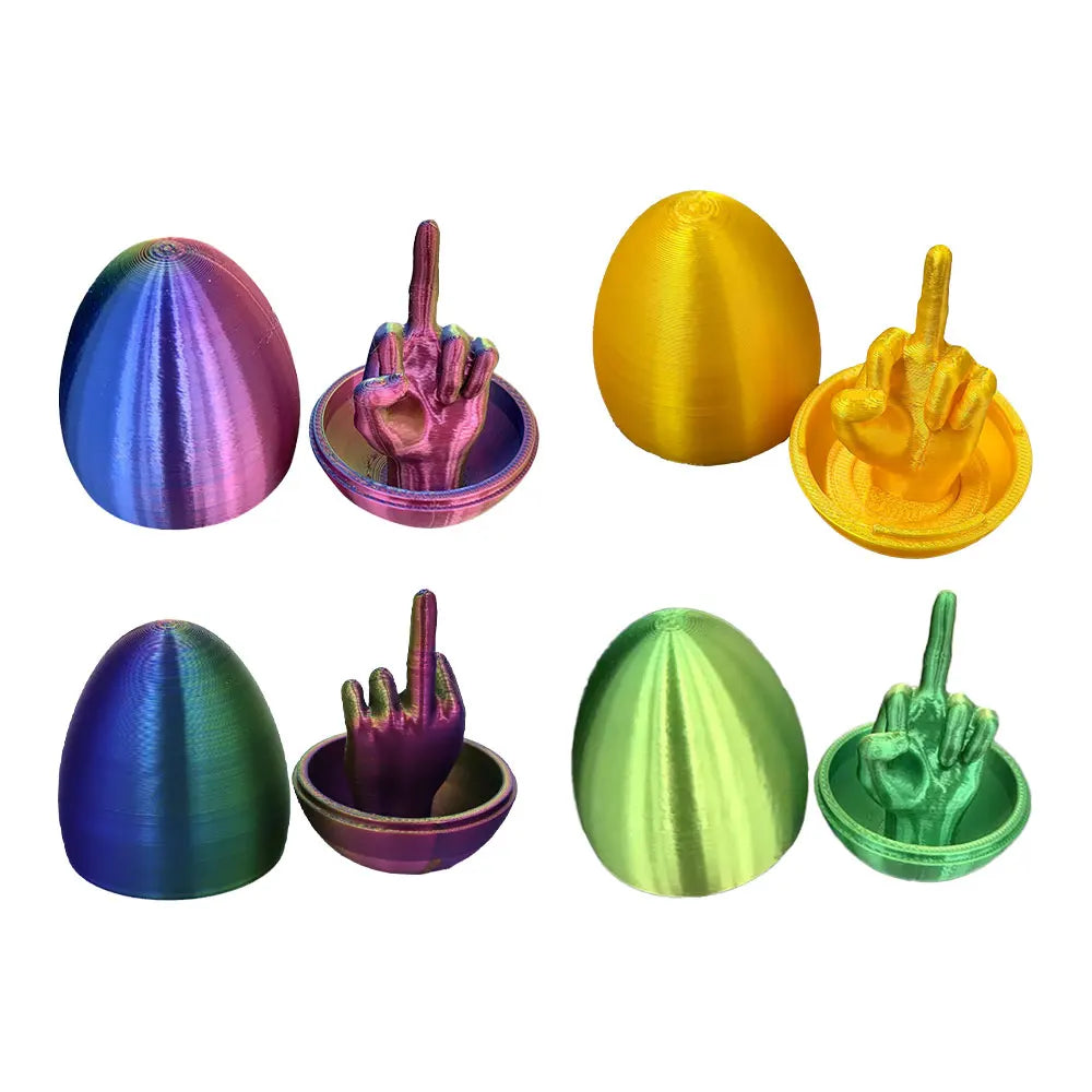 A set of five colorful Easter egg desk decor items shaped like middle fingers.