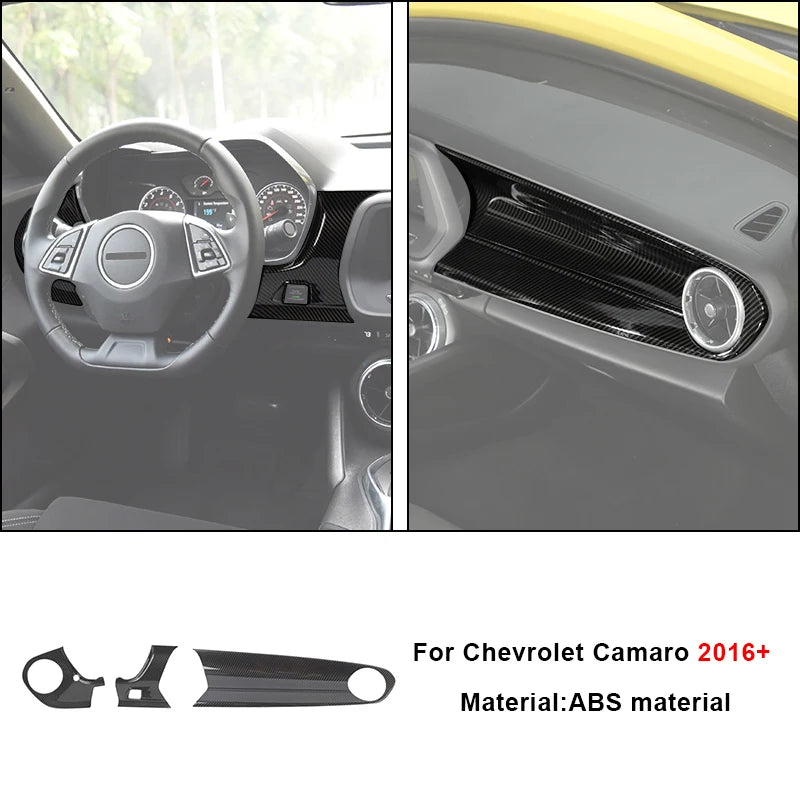 Carbon fiber interior trim kit for Chevrolet Camaro featuring a steering wheel and door vent detail.