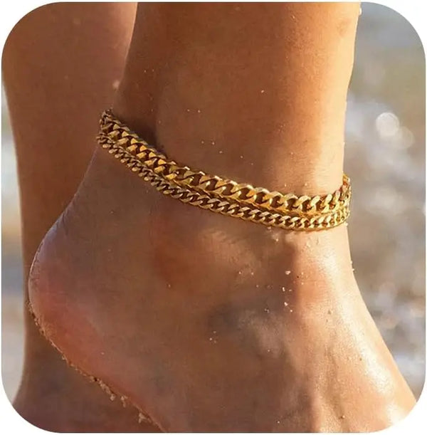 14K Vergoldete Edelstahl-Cuban-Link-Fußkette