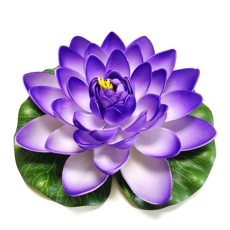A vibrant purple lotus flower with green leaves, designed for pond and garden decor.