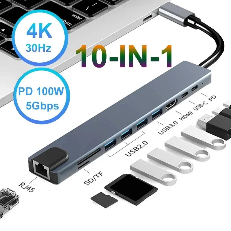 10-in-1 USB-C Hub with 4K HDMI, Ethernet, and 100W PD