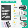 A black binder for a 100-day envelope savings challenge showing various features like an elastic band and record slots.