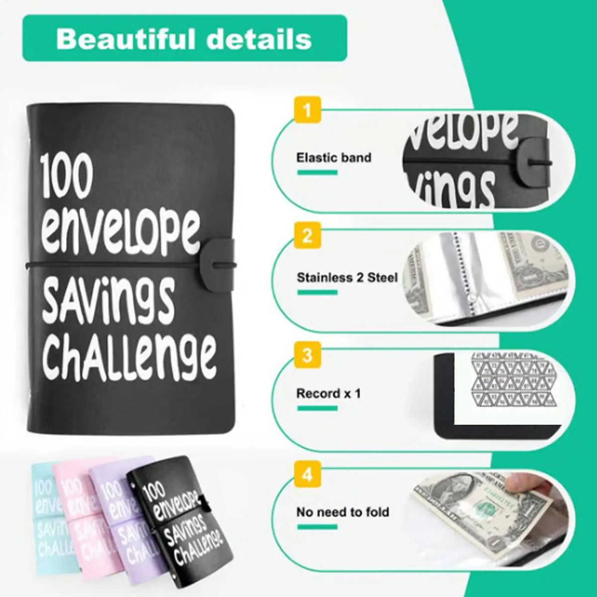 A black binder for a 100-day envelope savings challenge showing various features like an elastic band and record slots.