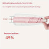 A pink folding umbrella is shown next to a white bag, highlighting its 3cm thickness.