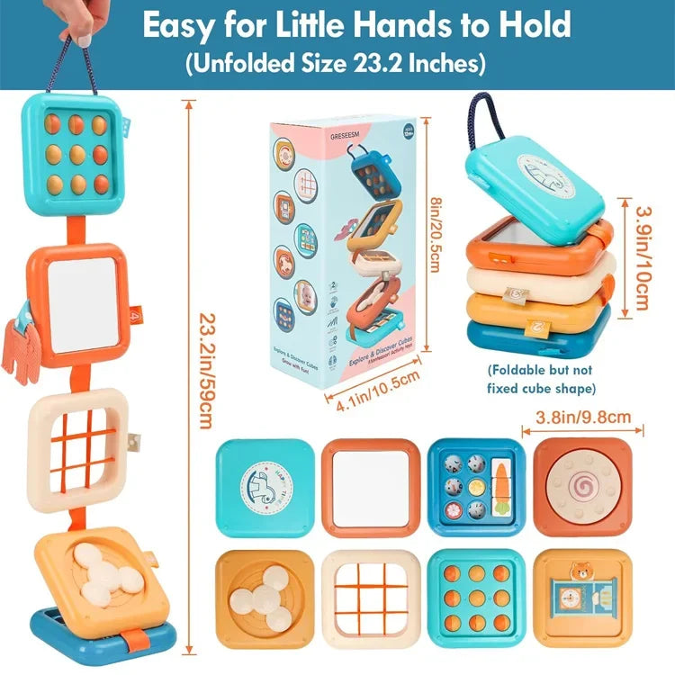 A set of colorful sensory folding activity cubes and a hanging board for toddlers to develop fine motor skills