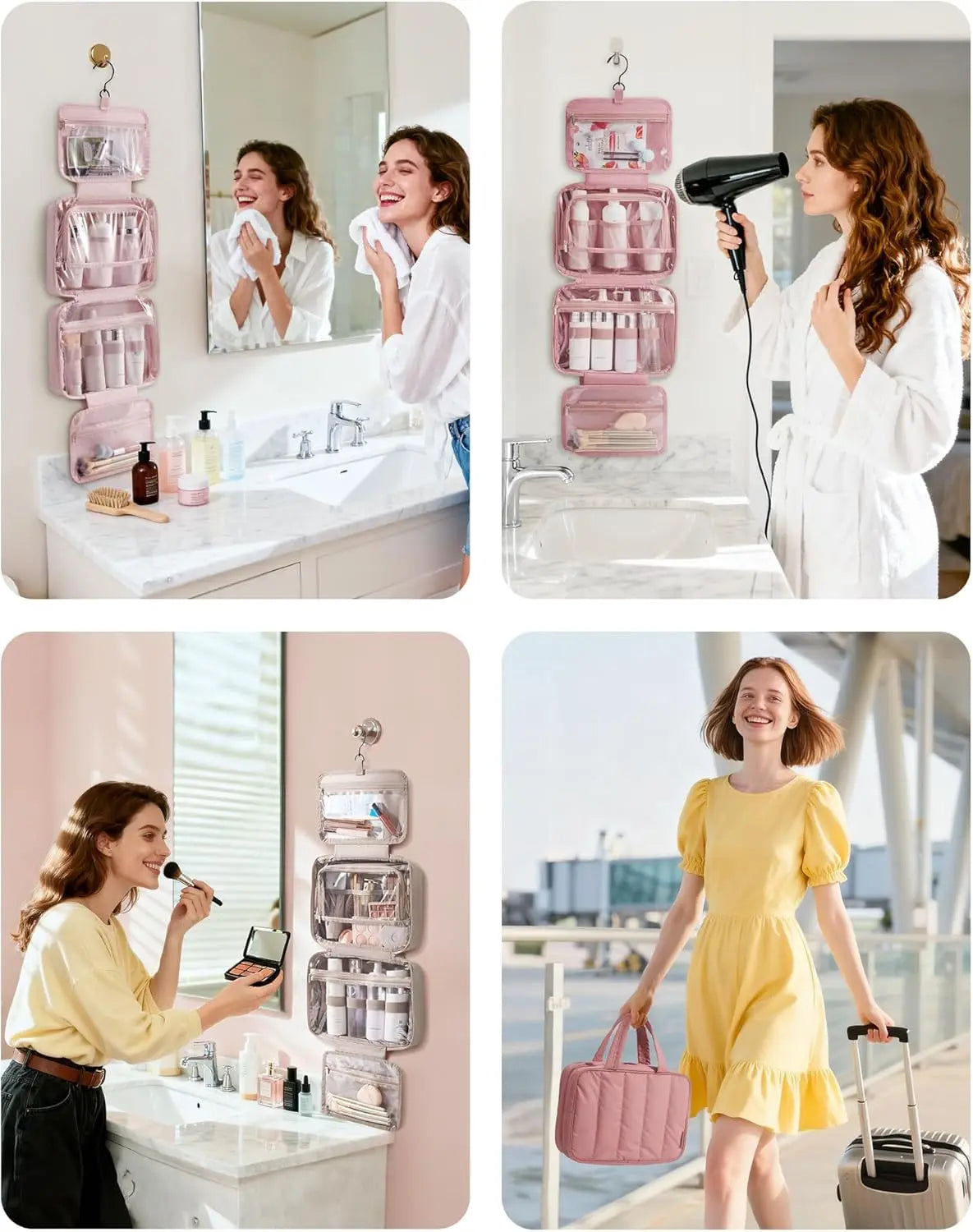 A woman uses a portable hanging toiletry bag in a bathroom setting.