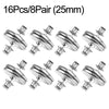 Set of 16 pairs of magnetic curtain clips with detachable button fasteners, measuring 25mm.