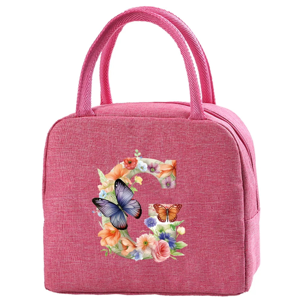 Insulated Canvas Lunch Bag with Butterfly Letter Pattern
