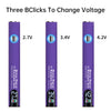 Three BClicks to change voltage shown as a series of purple soldering iron pens with different voltages 2.7V, 3.4V, and 4.2V