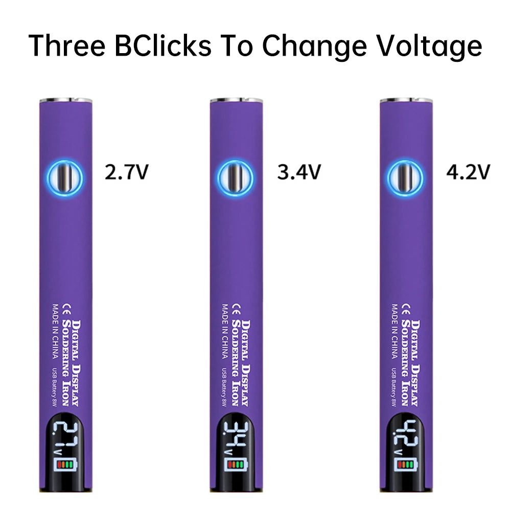 Three BClicks to change voltage shown as a series of purple soldering iron pens with different voltages 2.7V, 3.4V, and 4.2V