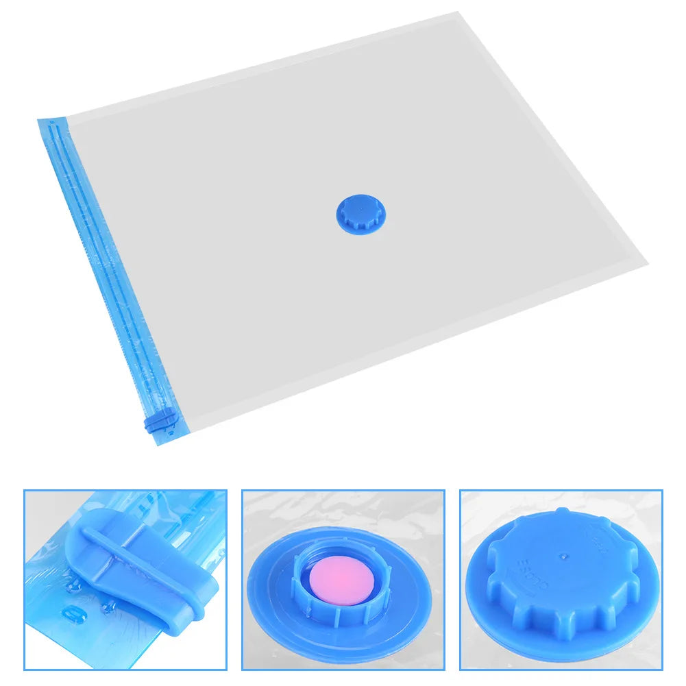 Bolsa de plástico transparente con mecanismo de bomba azul y disco de sellado rosa.