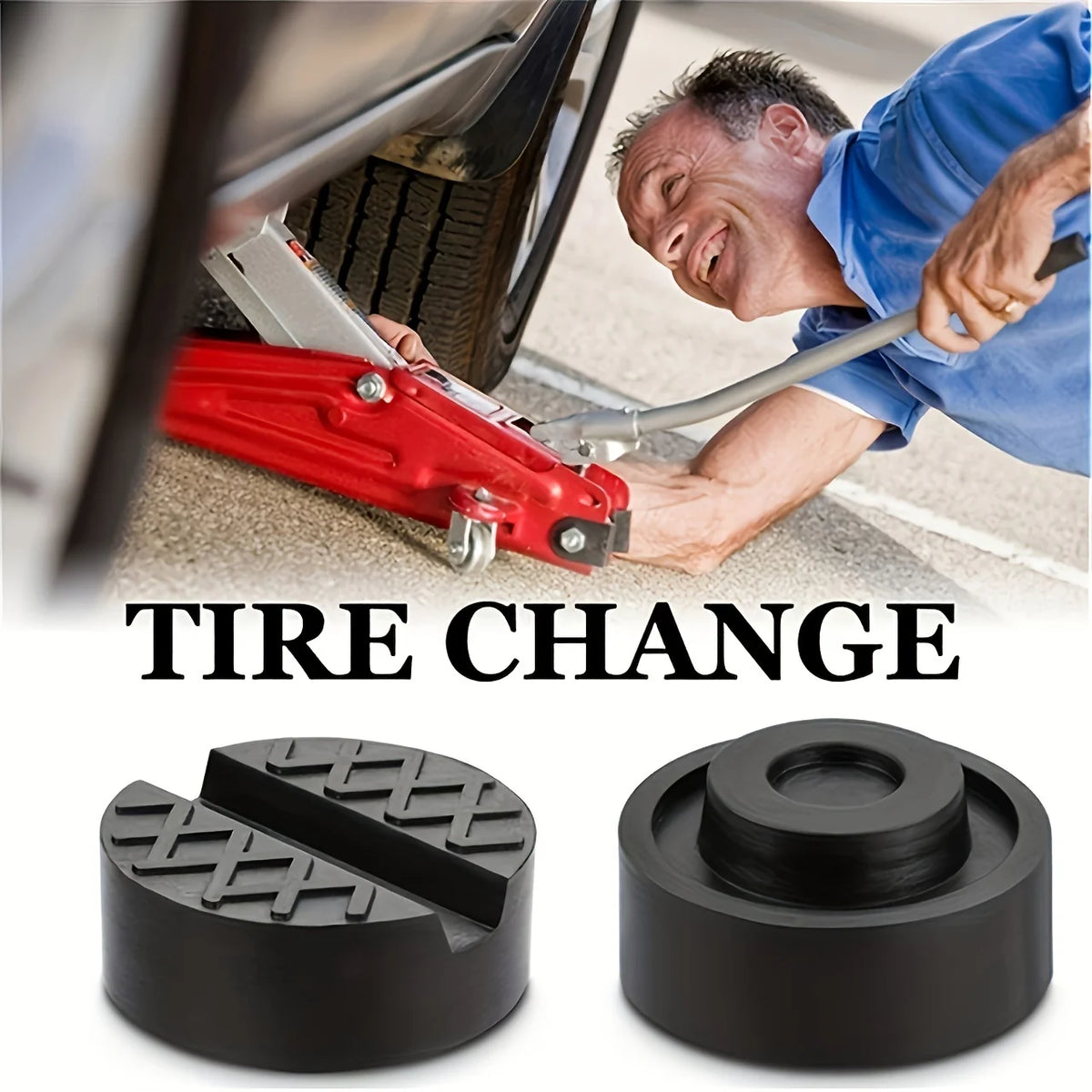 A red tire change jack is shown being used on a concrete surface, with rubber jack pads displayed below.