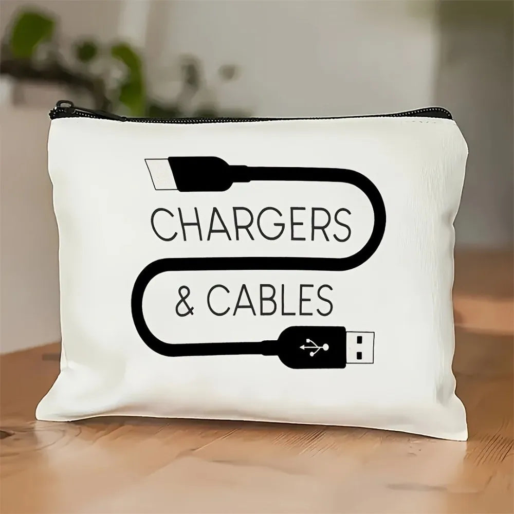 White canvas storage pouch featuring a black graphic of chargers and cables.
