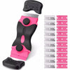 A pink and black versatile 2-in-1 glass and hob scraper with replacement blades shown next to a set of metal blades.