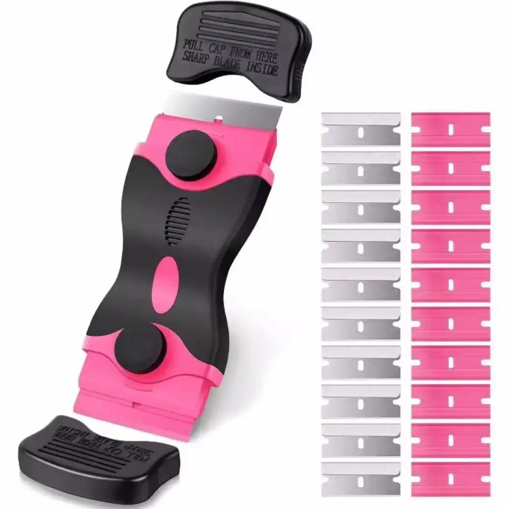 A pink and black versatile 2-in-1 glass and hob scraper with replacement blades shown next to a set of metal blades.