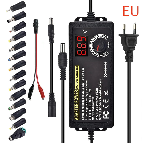 Schwarzer Netzadapter zur Umwandlung von AC nach DC mit digitaler Anzeige und verschiedenen Anschlüssen.