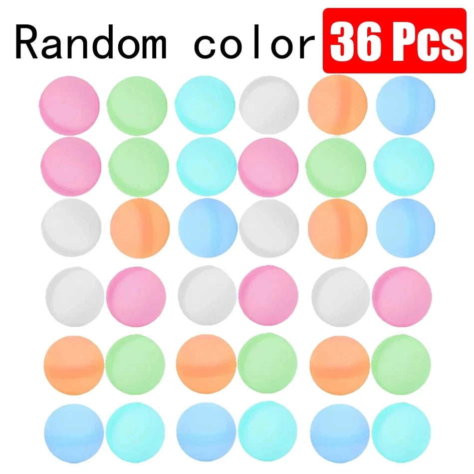 Eine Sammlung von 36 wiederverwendbaren Silikon-Wasserballons in verschiedenen Pastellfarben.