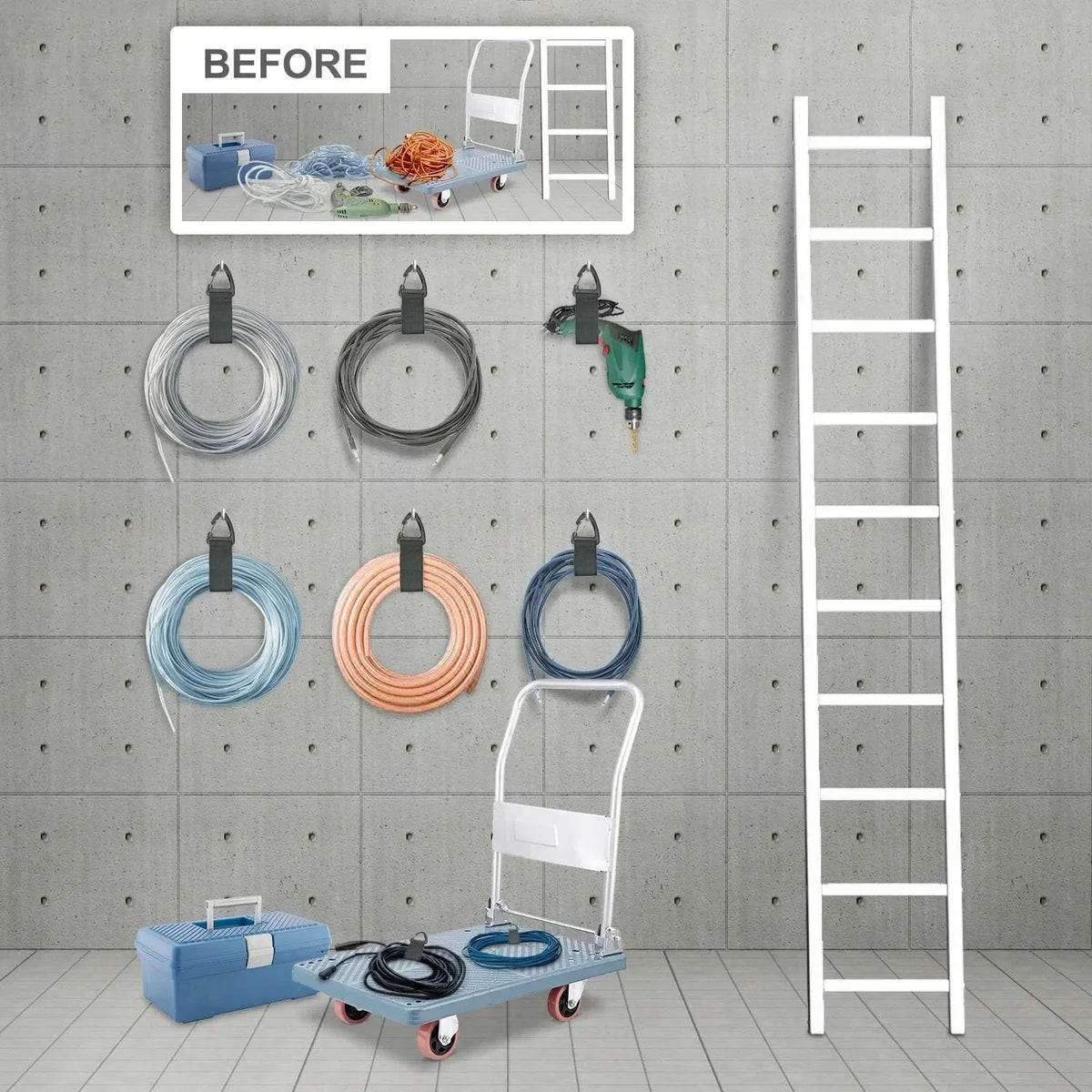 A collection of heavy-duty nylon cord organizer straps and a white ladder displayed against a gray concrete wall.
