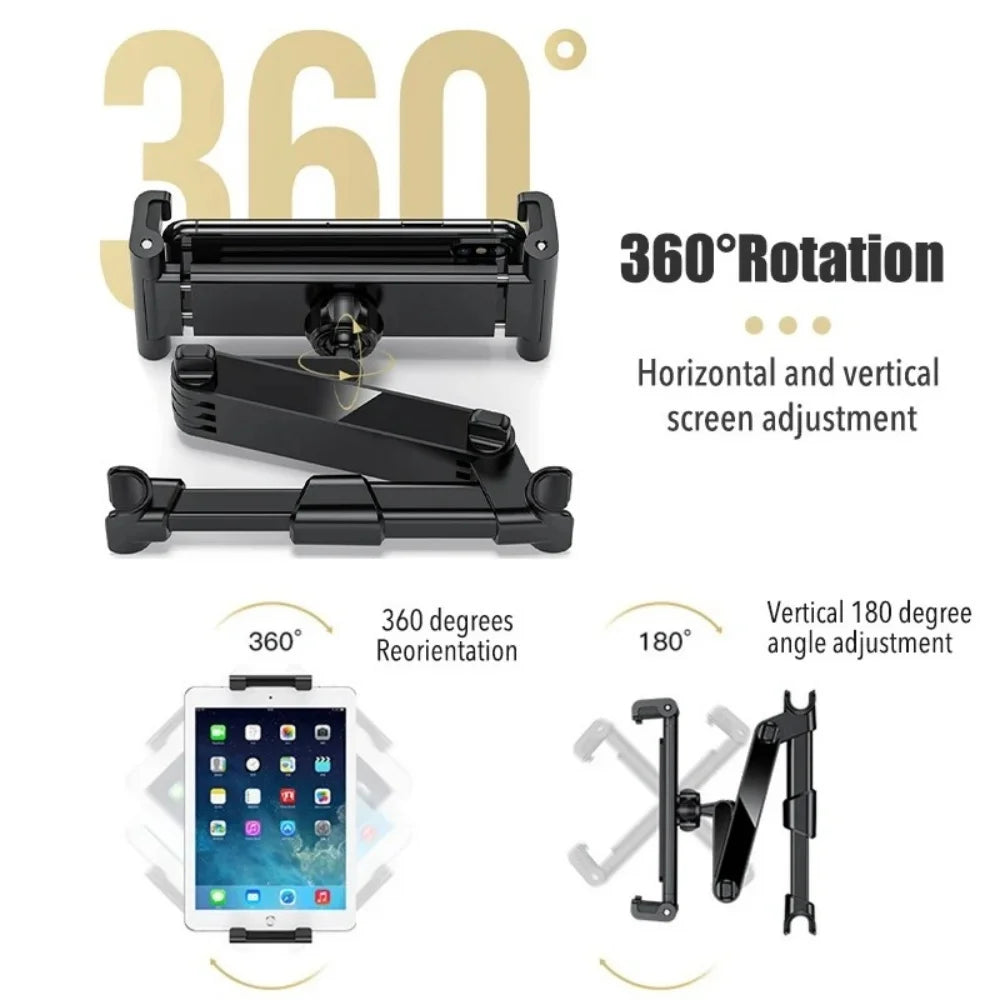 Support réglable noir pour tablette ou téléphone, avec rotation à 360 degrés et ajustement de l'écran.
