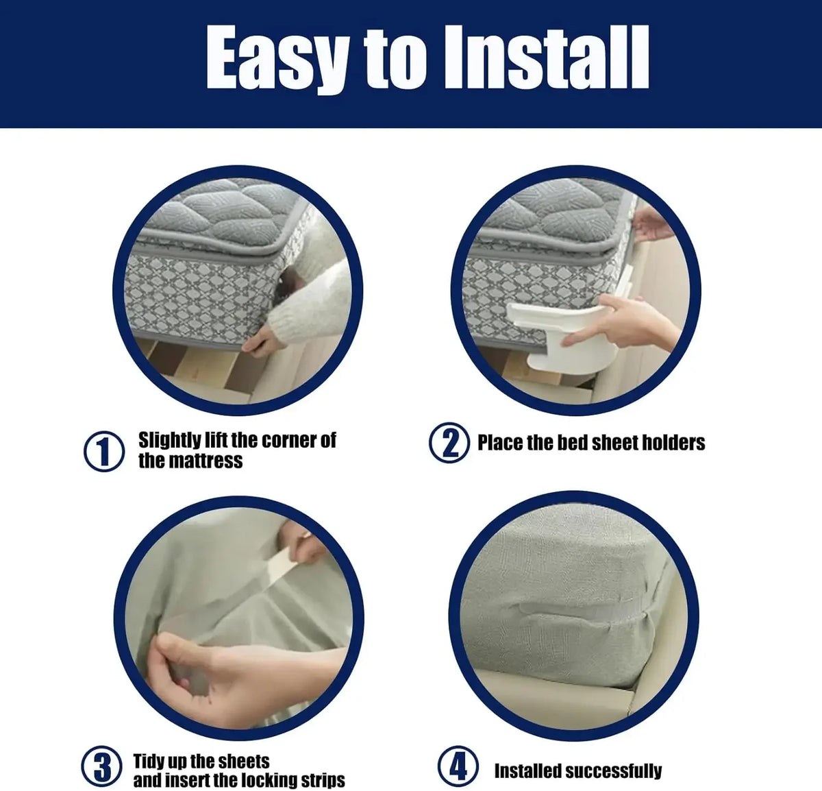Instructions showing how to easily install bed sheet holders on a mattress using locking strips.