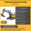 A yellow remote controlled excavator toy set with an articulated digging arm and a handheld controller.