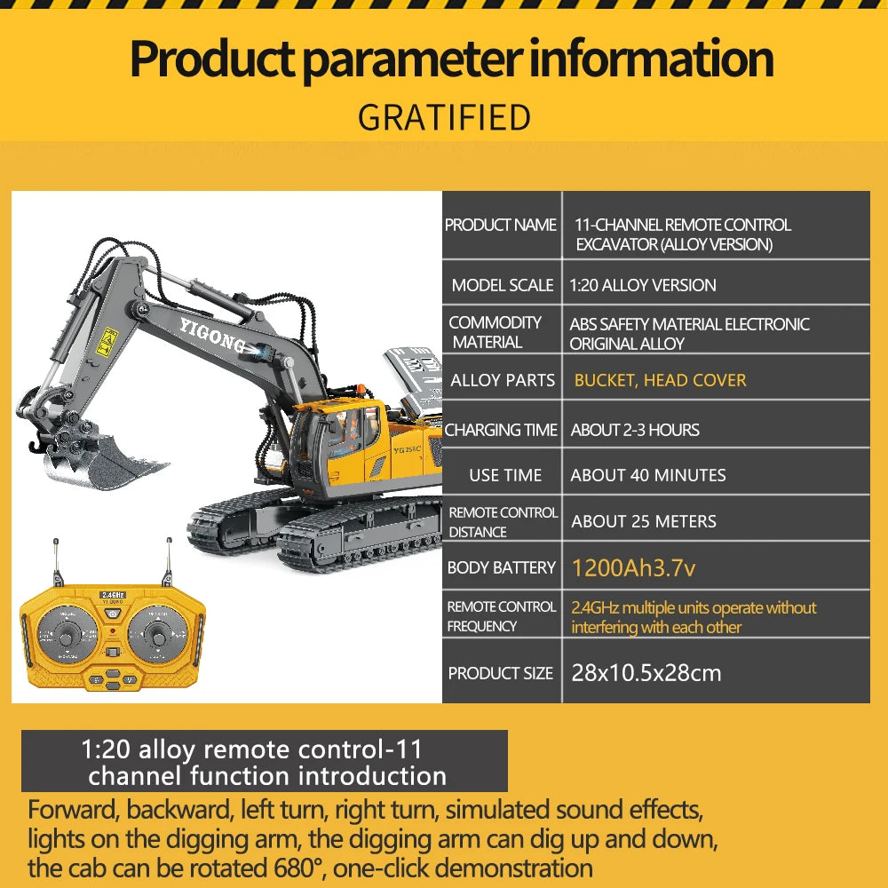 A yellow remote controlled excavator toy set with an articulated digging arm and a handheld controller.