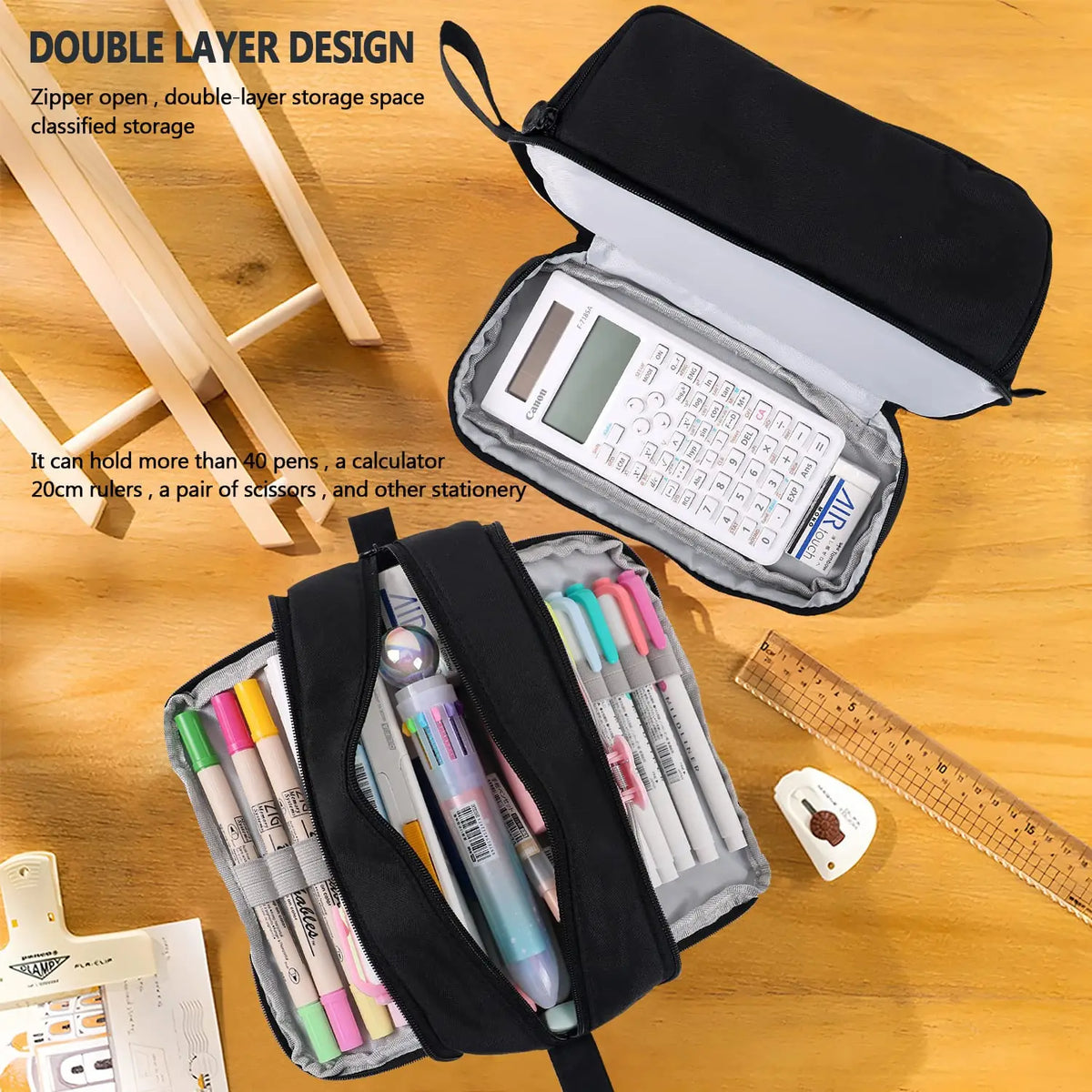 A black double-layer fabric pencil case is shown open, revealing multiple pens and stationery inside.