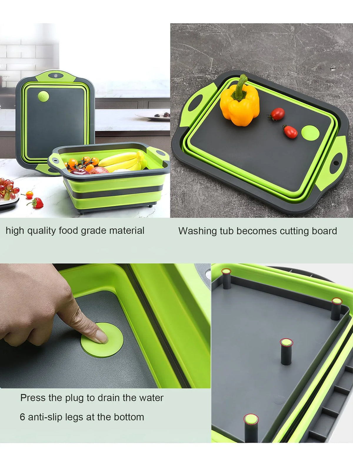 A green and black collapsible outdoor cutting board and dish basin shown in various uses, including a cutting board and a was