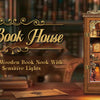 A wooden book nook kit with touch-sensitive lights displayed on a dark wooden surface.
