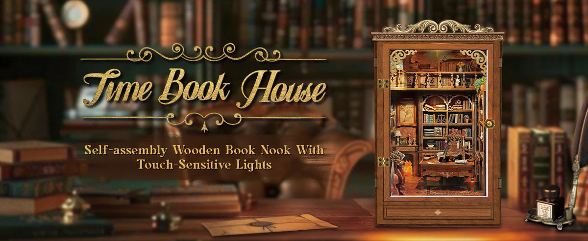 A wooden book nook kit with touch-sensitive lights displayed on a dark wooden surface.