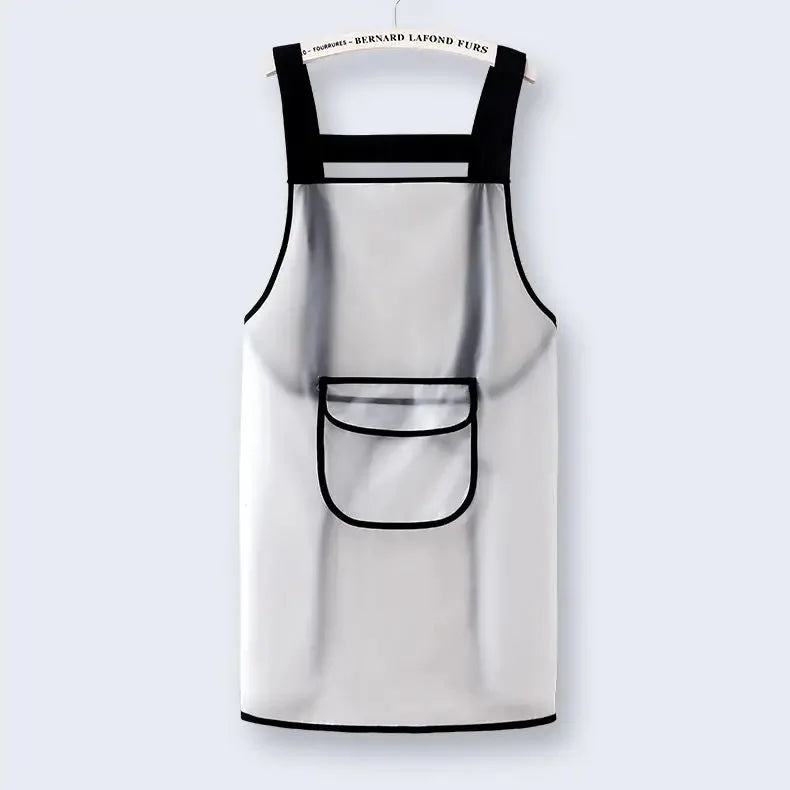 A white waterproof kitchen apron with black trim and a pocket on a hanger.