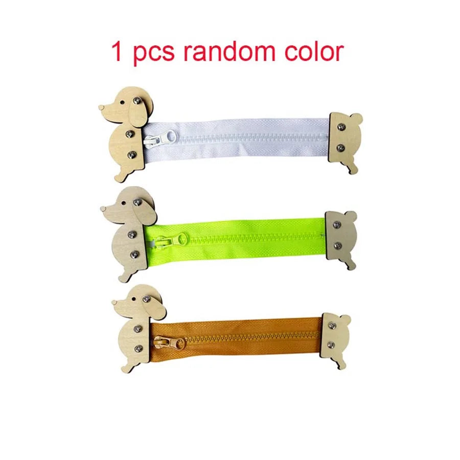 Three wooden animal parts with zippers and leather straps for a Montessori busy board set