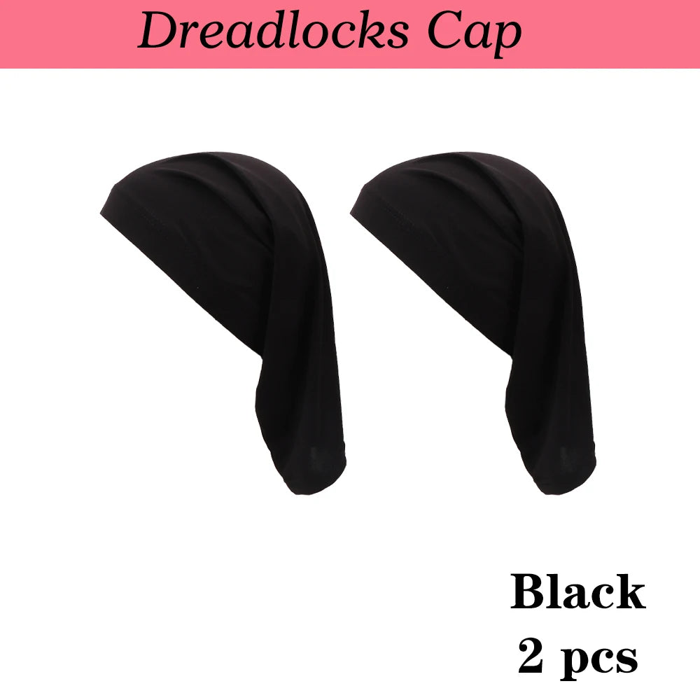 A pair of black stretchable spandex dreadlock tube hair protection caps.