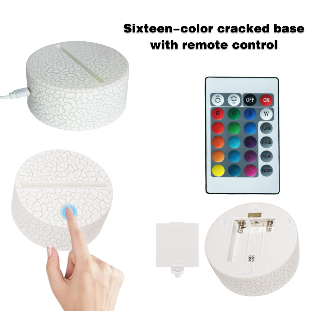 A sixteen-color cracked base night light with a remote control and a wall plug.