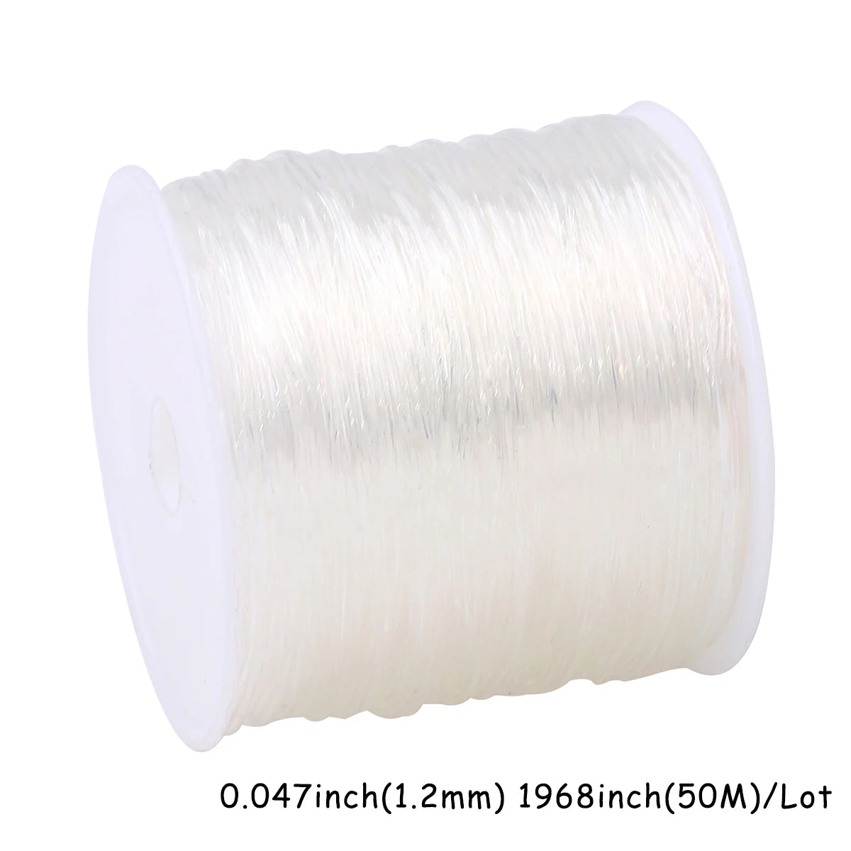 A spool of clear elastic cord for jewelry making and beading, measuring 1968 inches (50M).