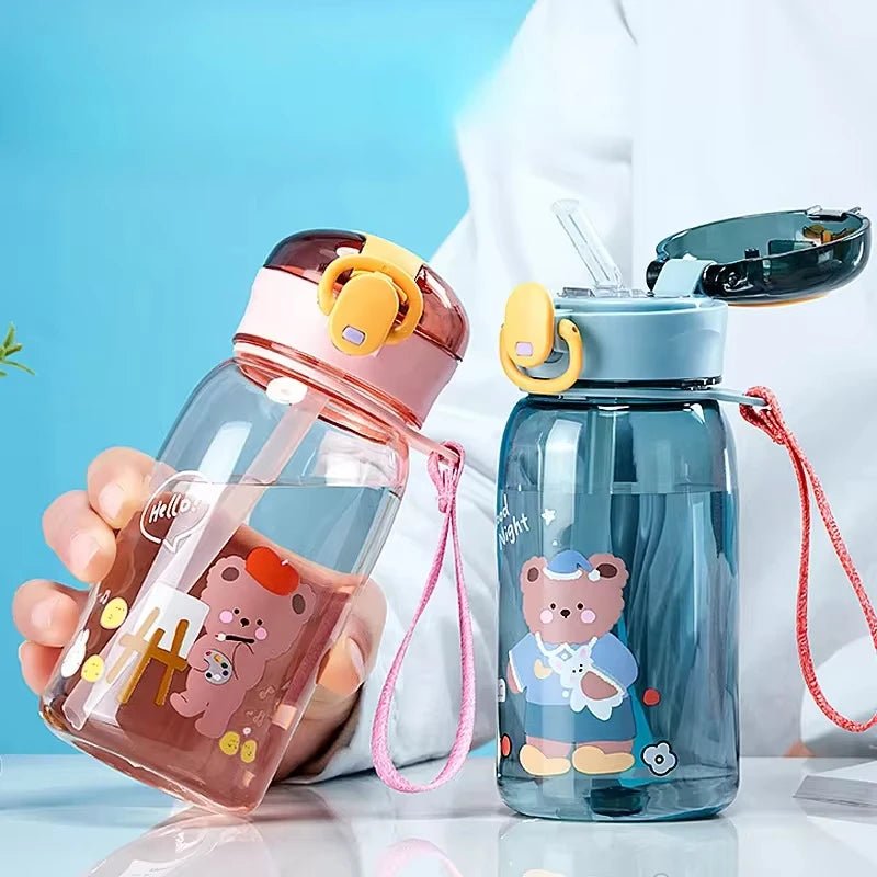 Kids' Teddy Bear Water Bottle with Straw & Carry Strap