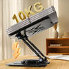 A black tablet stand with a 10KG capacity is shown on a wooden desk.