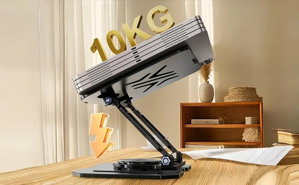 A black tablet stand with a 10KG capacity is shown on a wooden desk.