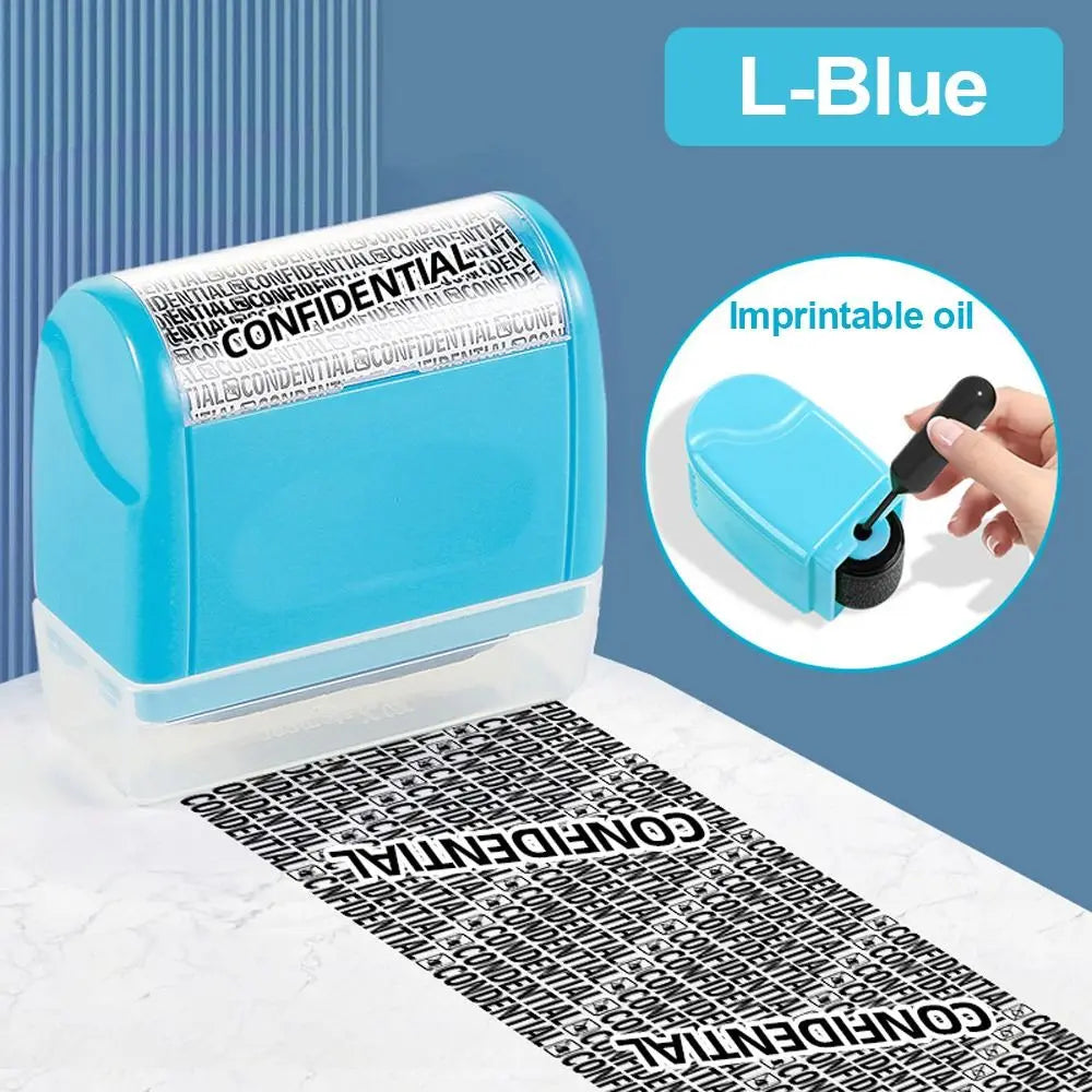 A blue roller identity protection stamp with confidential text on a white background.